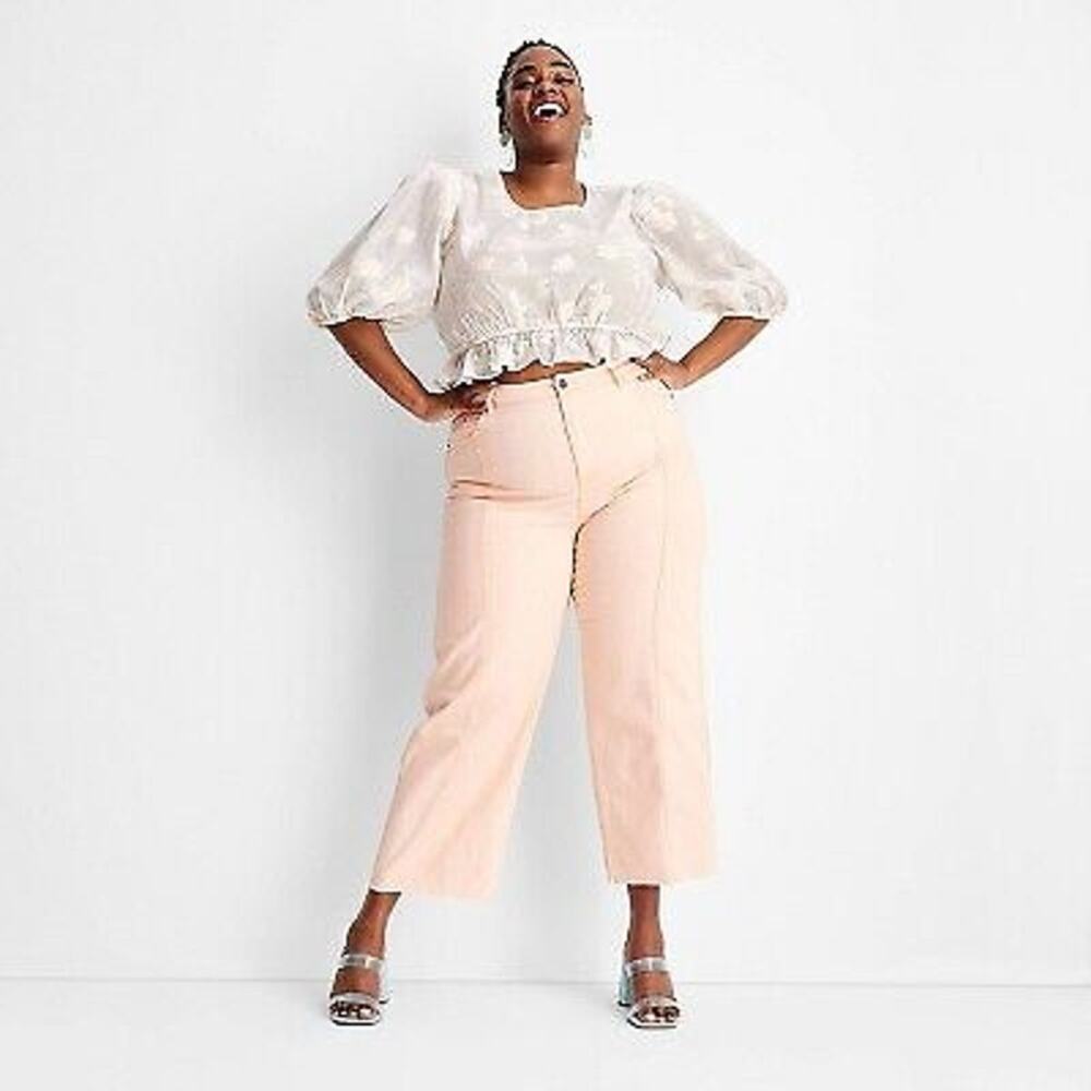 Future Collective Women's High-Rise Straight Leg Denim Raw Hem Pants Peach 4 - Picture 5 of 7